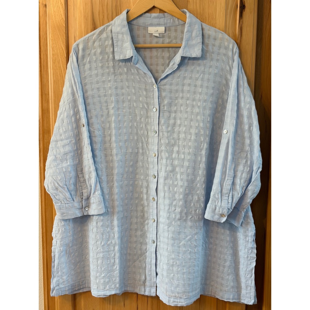 J. Jill Blue Textured Cotton Button Down Tunic Blouse 2X 3/4 Roll Tab Sleeve